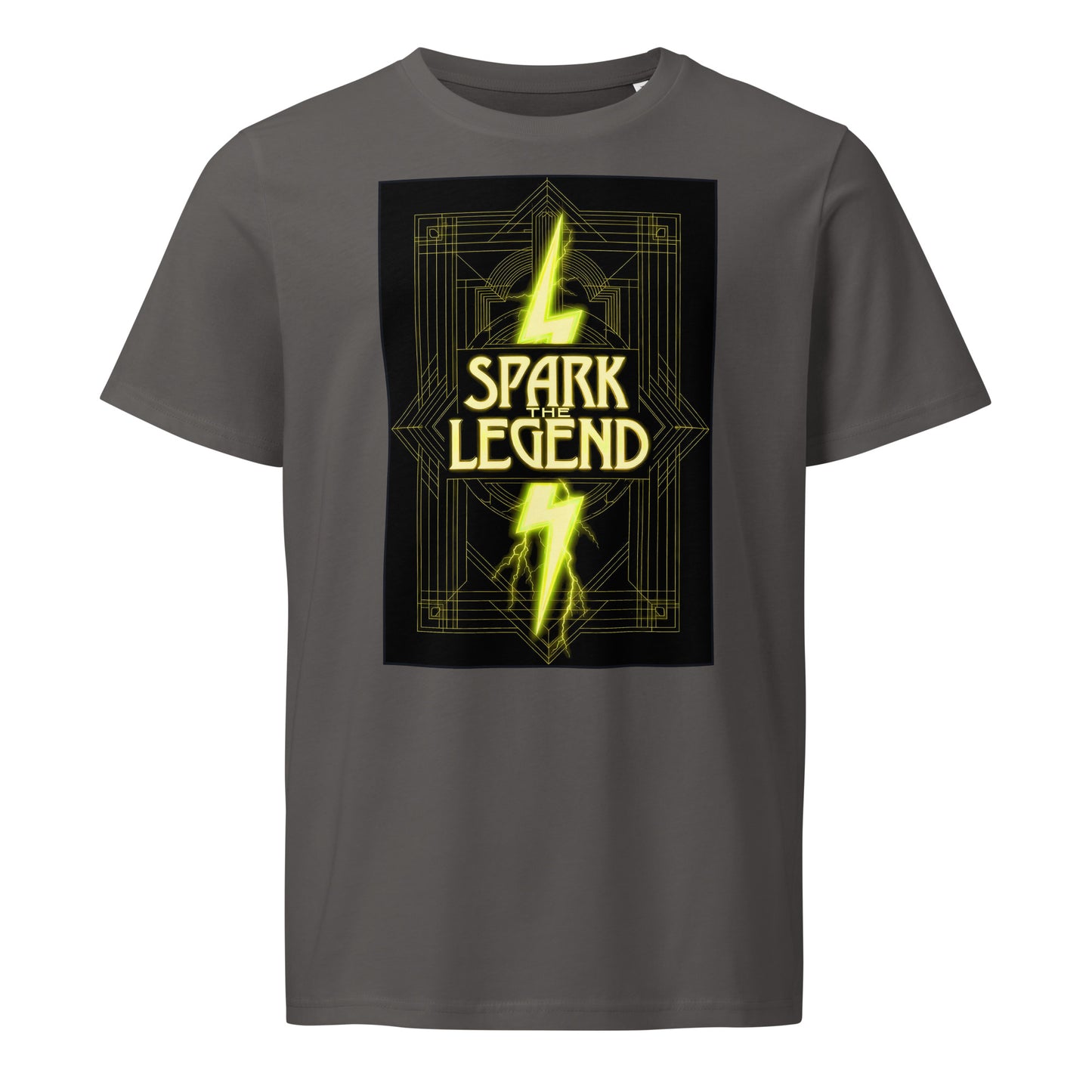 Spark the Legend organic cotton t-shirt featuring golden lightning bolt graphic inspired by Nikola Tesla, retro futuristic design on black fabric