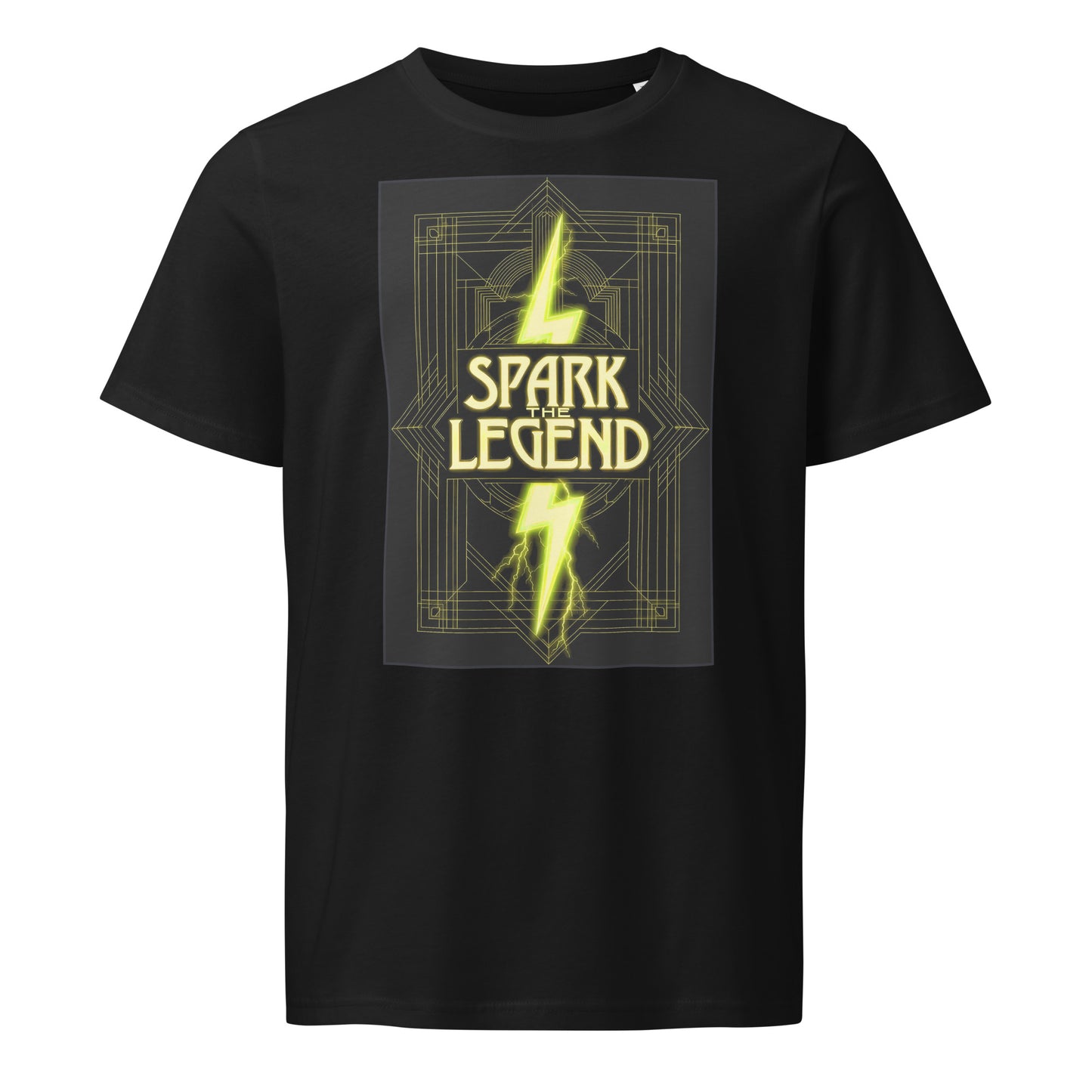 Spark the Legend organic cotton t-shirt featuring golden lightning bolt graphic inspired by Nikola Tesla, retro futuristic design on black fabric