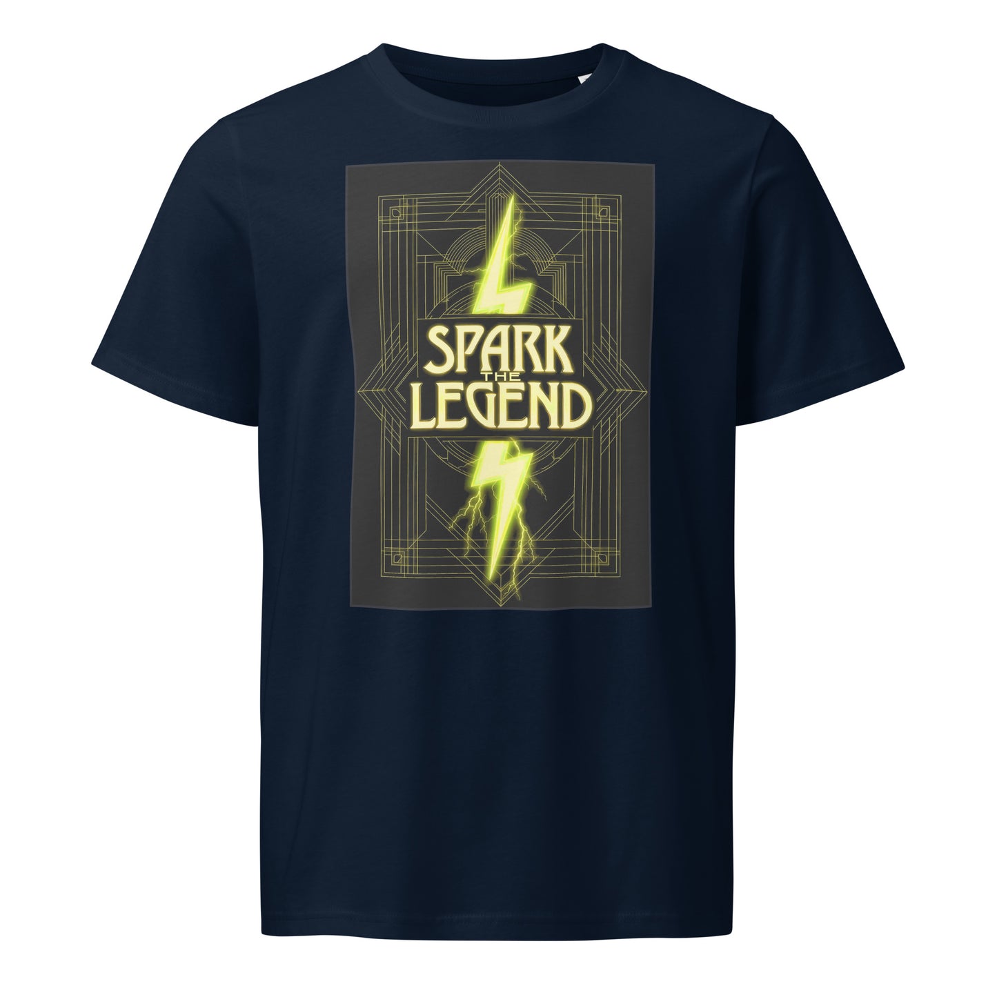 Spark the Legend organic cotton t-shirt featuring golden lightning bolt graphic inspired by Nikola Tesla, retro futuristic design on black fabric